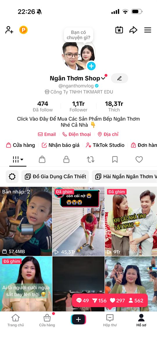 Kênh TikTok Ngân Thơm Shop 1,1 triệu follower